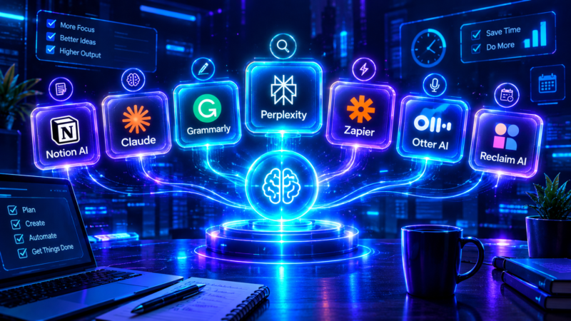 best Top AI Productivity Tools to Save Time in 2026, notion ai , claude, grammarly, perplexity, zapier, otter ai , reclaim ai