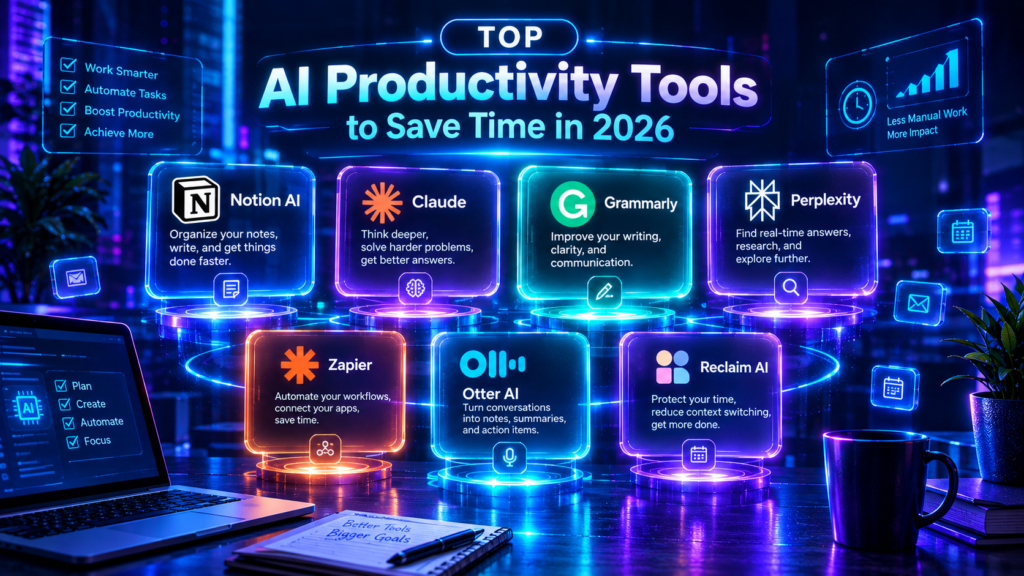 best Top AI Productivity Tools to Save Time in 2026, notion ai , claude, grammarly, perplexity, zapier, otter ai , reclaim ai