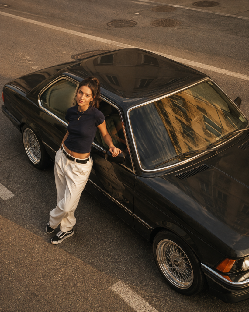 A high overhead angle looking down at a black classic 2-door car