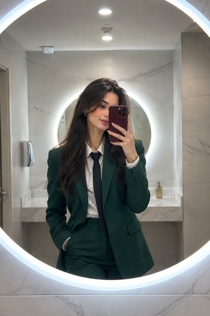 Modern Green Suit Bathroom Selfie, Burgundy Iphone 18