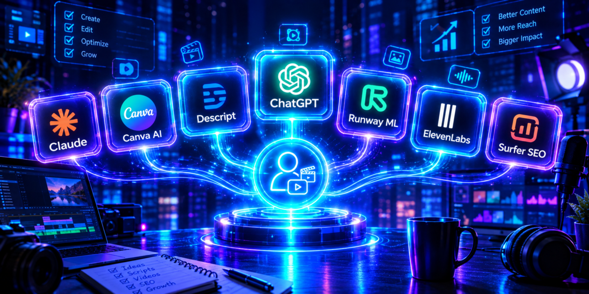 Best AI Tools for Content Creators in 2026) that has ( claude, canva ai, descript, chatgpt, runway ml, elevenlabs, surfer seo)