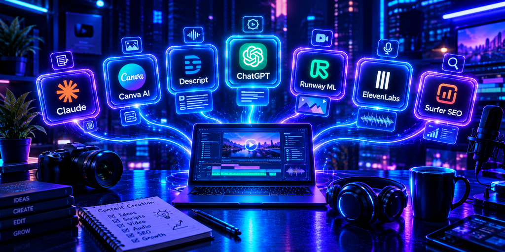 Best AI Tools for Content Creators in 2026) that has ( claude, canva ai, descript, chatgpt, runway ml, elevenlabs, surfer seo)