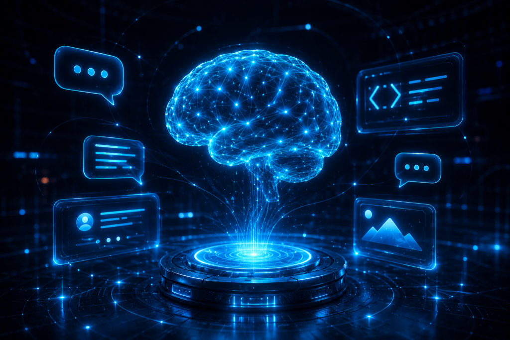 A futuristic holographic AI brain glowing in cyan light against a dark navy background, surrounded by floating speech bubbles, code brackets, and image frames — representing ChatGPT as the best free AI chatbot for 2026.