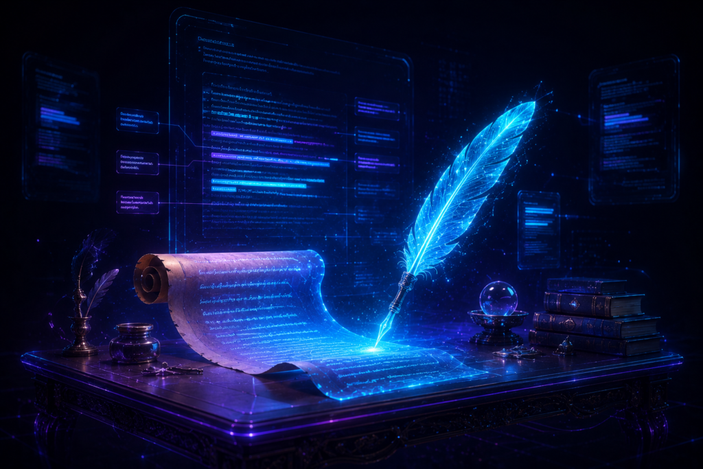 A luminous digital quill pen hovers over an unfurling scroll of glowing text in a dark void, with highlighted documents fading into the background — illustrating Claude as a top free AI writing and analysis tool.