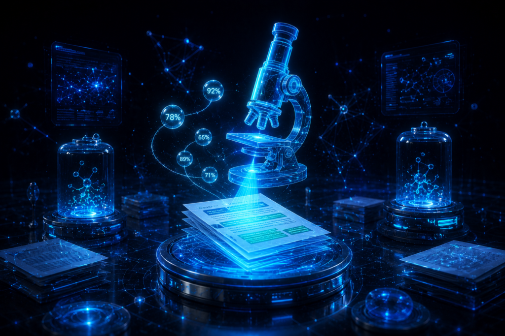 A glowing cyan microscope scans translucent academic papers in a dark research lab, with data points and consensus percentages floating upward as light orbs — visualizing Consensus as the best free AI research tool.