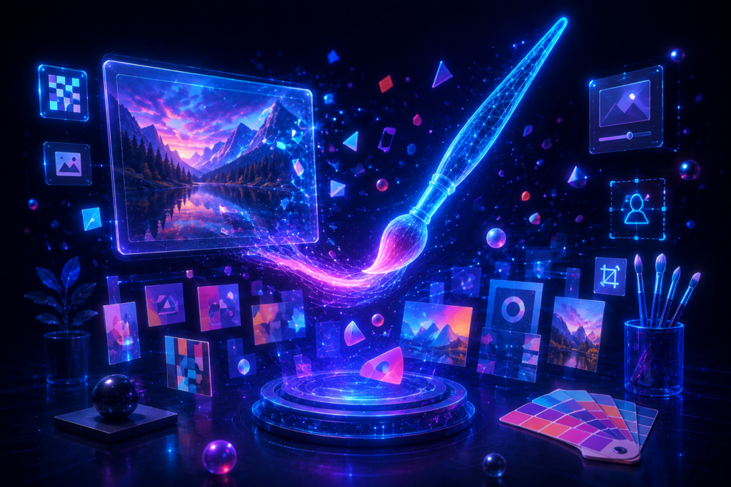 A radiant paintbrush sweeps across an invisible canvas, leaving trails of social media templates, color swatches, and AI-generated images suspended in a dark navy space — representing Canva AI as a leading free design tool.