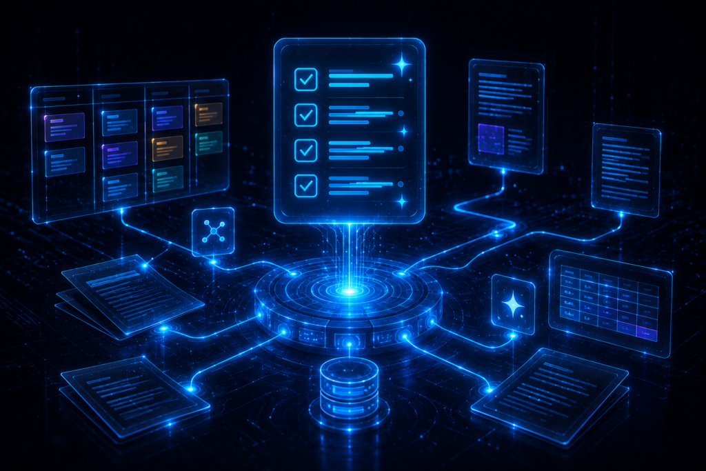 A glowing cyan checklist and database grid connect to floating task boards and knowledge pages in a dark, organized workspace — illustrating Notion AI as a top free productivity tool for 2026.
