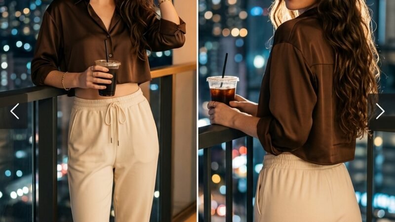 A stylish young woman standing on a modern balcony overlooking a city skyline at night