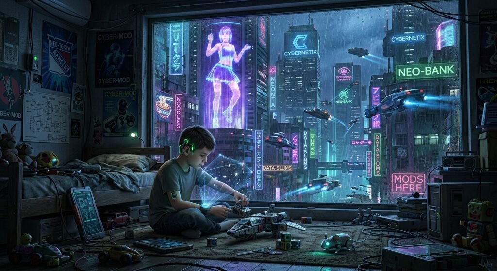 Cyberpunk cityscape. Neon-lit urban sprawl