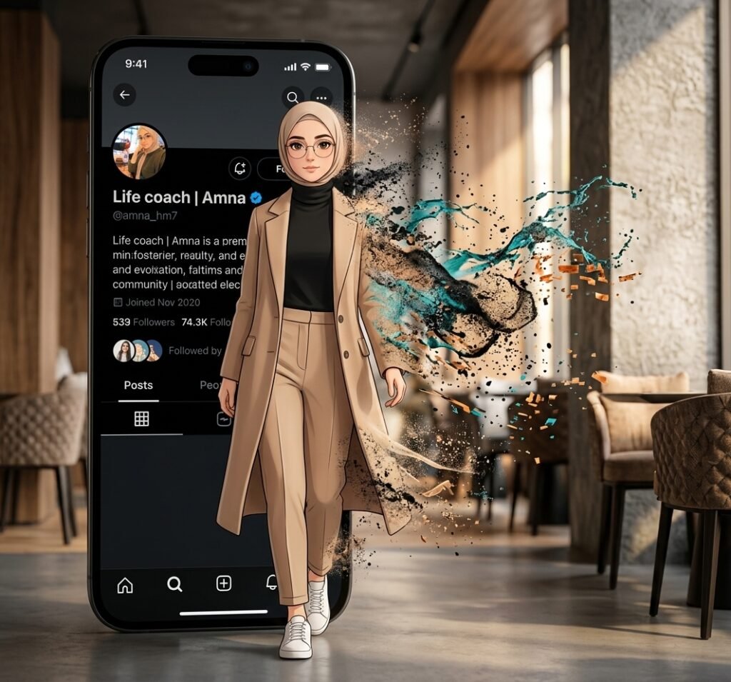 Stylish animated girl walking out of a modern X