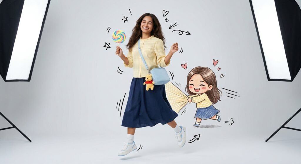 Studio portrait of a cheerful young woman with a chibi
