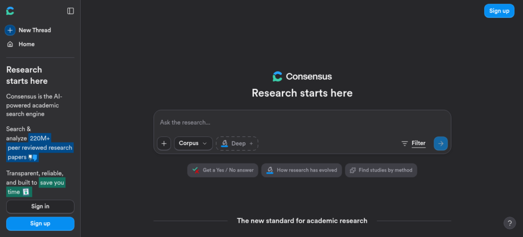 Consensus AI academic search engine showing peer-reviewed paper results, Consensus Meter, and evidence-based summary