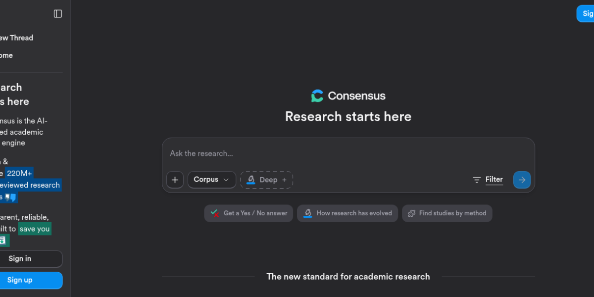 Consensus AI academic search engine showing peer-reviewed paper results, Consensus Meter, and evidence-based summary