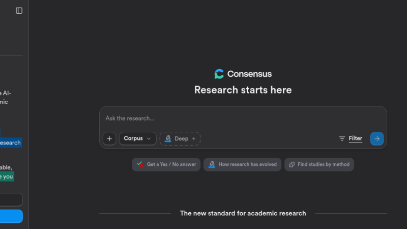 Consensus AI academic search engine showing peer-reviewed paper results, Consensus Meter, and evidence-based summary