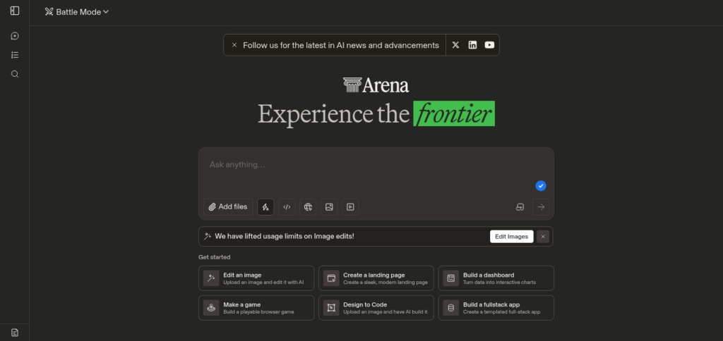 Arena AI LMArena platform showing Battle Mode chat comparison and public AI model leaderboard