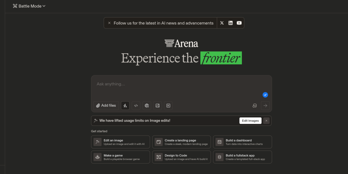 Arena AI LMArena platform showing Battle Mode chat comparison and public AI model leaderboard