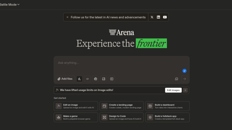 Arena AI LMArena platform showing Battle Mode chat comparison and public AI model leaderboard