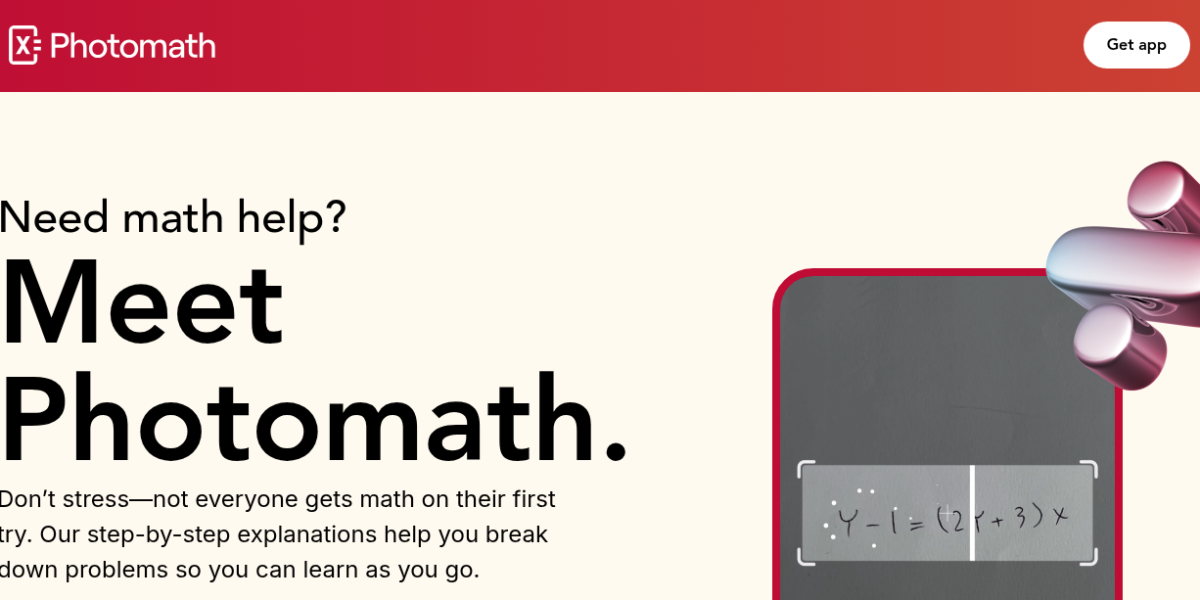 Photomath app showing camera scan of a math problem with step-by-step solution and animated tutorial