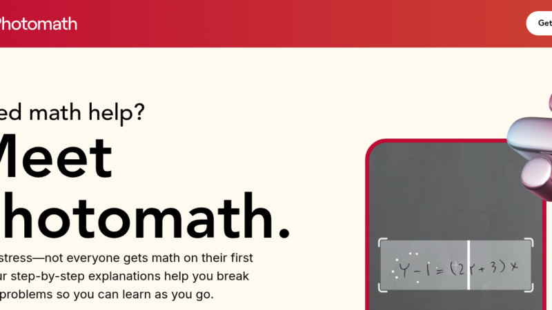 Photomath app showing camera scan of a math problem with step-by-step solution and animated tutorial