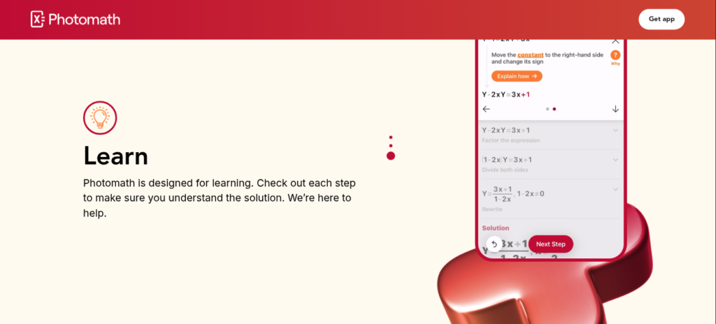 Photomath app showing camera scan of a math problem with step-by-step solution and animated tutorial