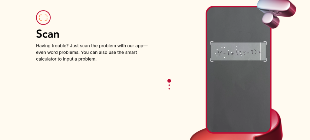 Photomath app showing camera scan of a math problem with step-by-step solution and animated tutorial