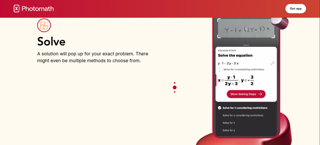 Photomath app showing camera scan of a math problem with step-by-step solution and animated tutorial