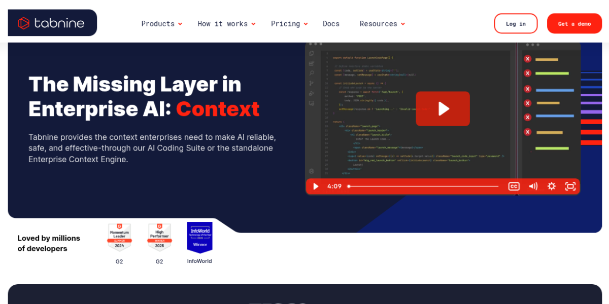 Tabnine AI code assistant providing intelligent code completion and code generation for developers