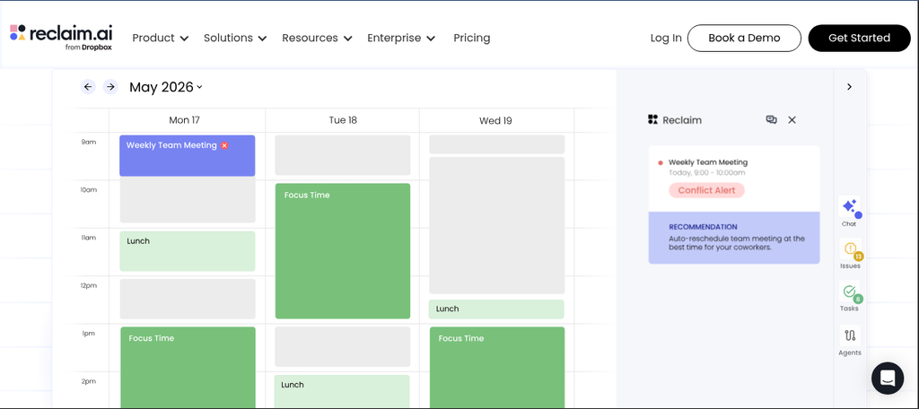 Reclaim AI smart calendar automatically scheduling tasks, meetings, habits, and focused work time