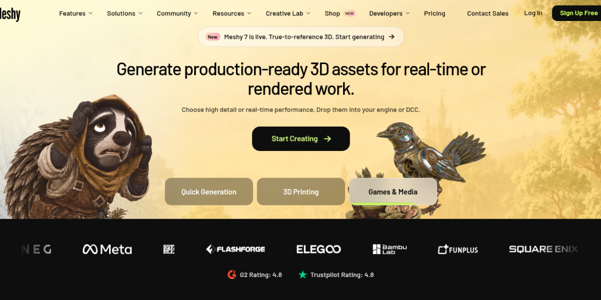 Meshy AI 3D model generator showing text-to-3D creation, image-to-3D conversion, and auto-rigging dashboard for game developers