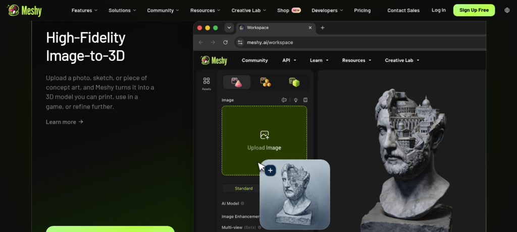 Meshy AI 3D model generator showing text-to-3D creation, image-to-3D conversion, and auto-rigging dashboard for game developers