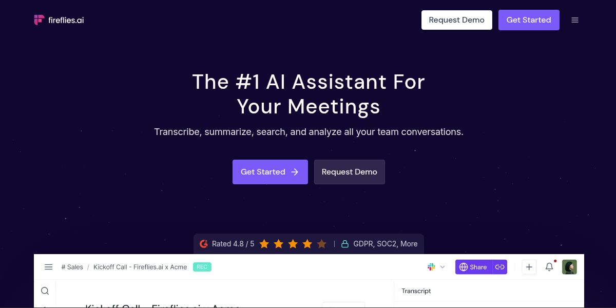 Fireflies AI notetaker showing meeting transcription, AI summaries, and AskFred dashboard for sales teams