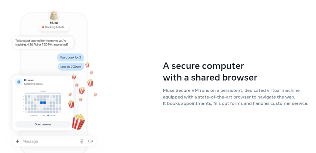 Muse AI personal agent showing task approvals, secure VM browser, and Link checkout for everyday errands