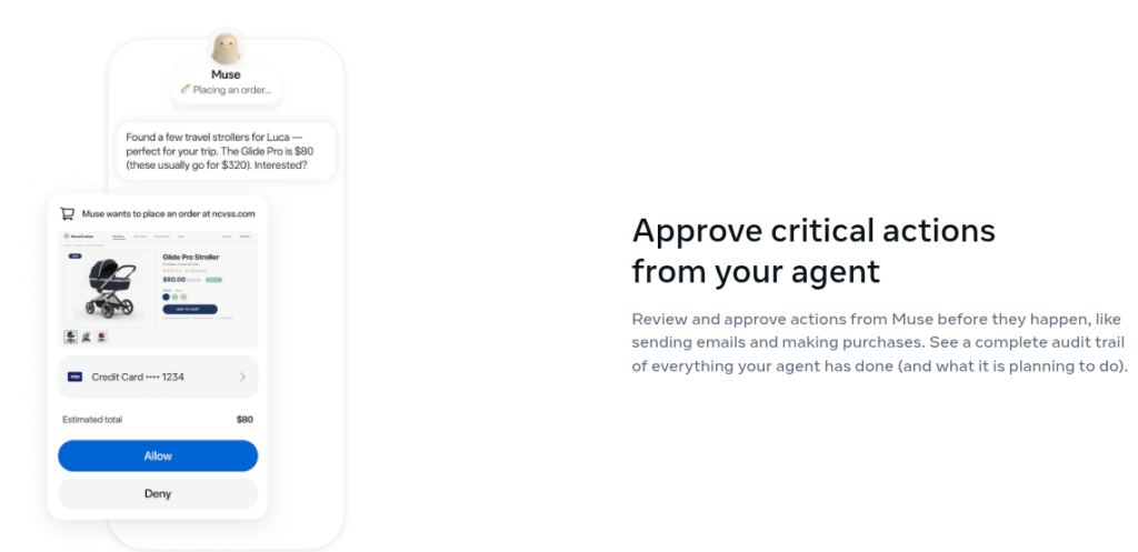 Muse AI personal agent showing task approvals, secure VM browser, and Link checkout for everyday errands