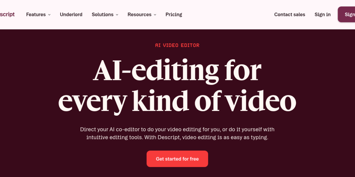 Descript AI video editor showing transcript-based editing, Studio Sound enhancement, and Underlord AI co-editor for podcast creators