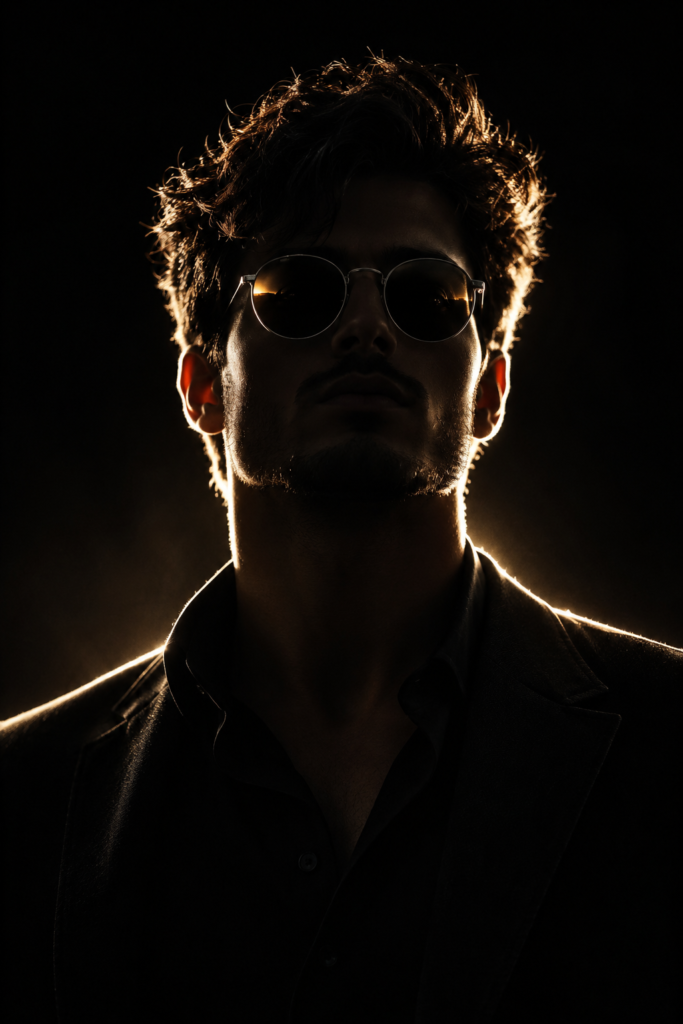 Portrait of a young man standing against a pure black background