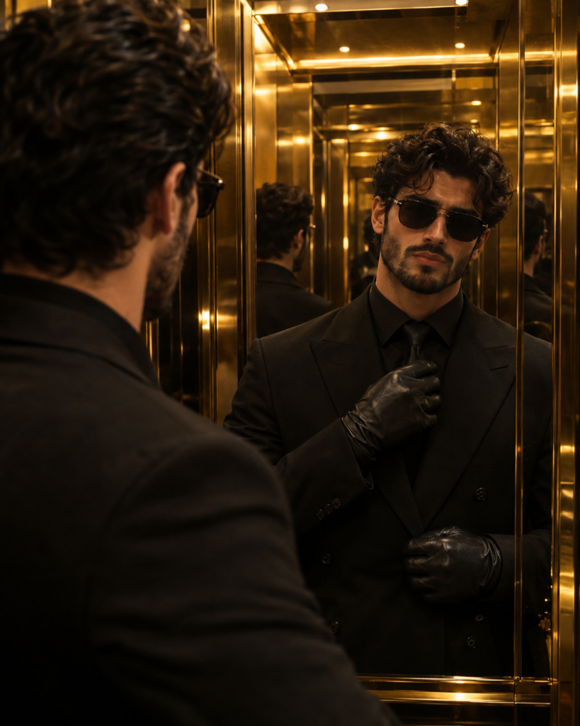 A man standing inside a luxurious hotel elevator.