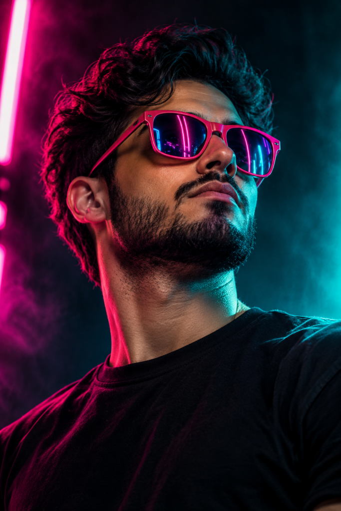 Close-up photo  with neon light reflection