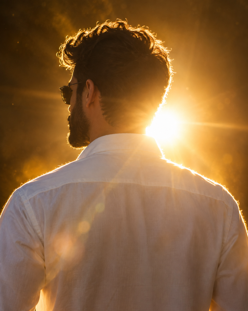 From behind, facing the sun.