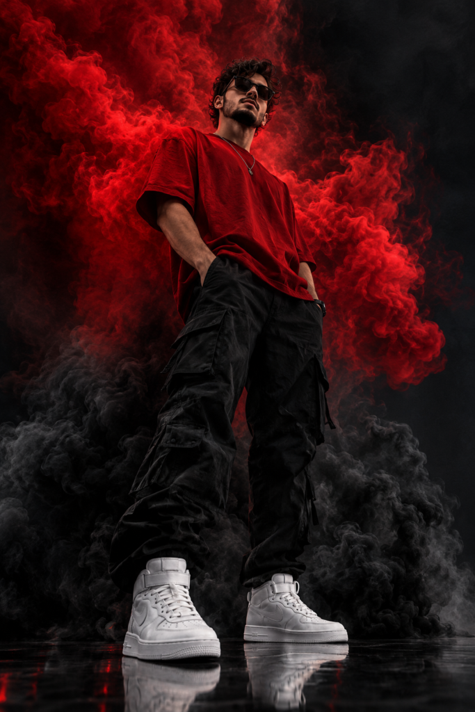 Model pose with red and black smoke