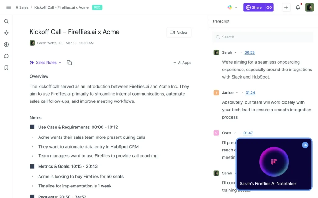 Fireflies AI notetaker showing meeting transcription, AI summaries, and AskFred dashboard for sales teams