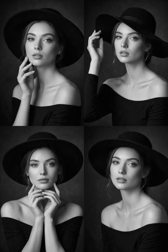black-and-white studio portraits of a young woman