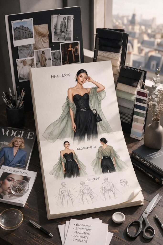 A fashion illustration page shows multiple stages of a garment design process.
