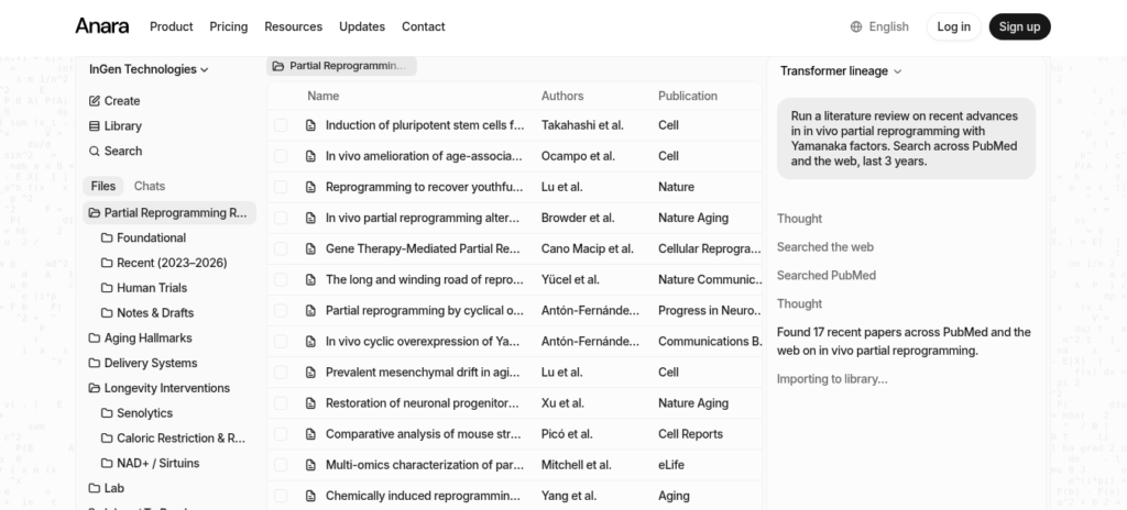 Anara AI research assistant showing library chat, source citations with exact passages, and multi-paper comparison for literature reviews